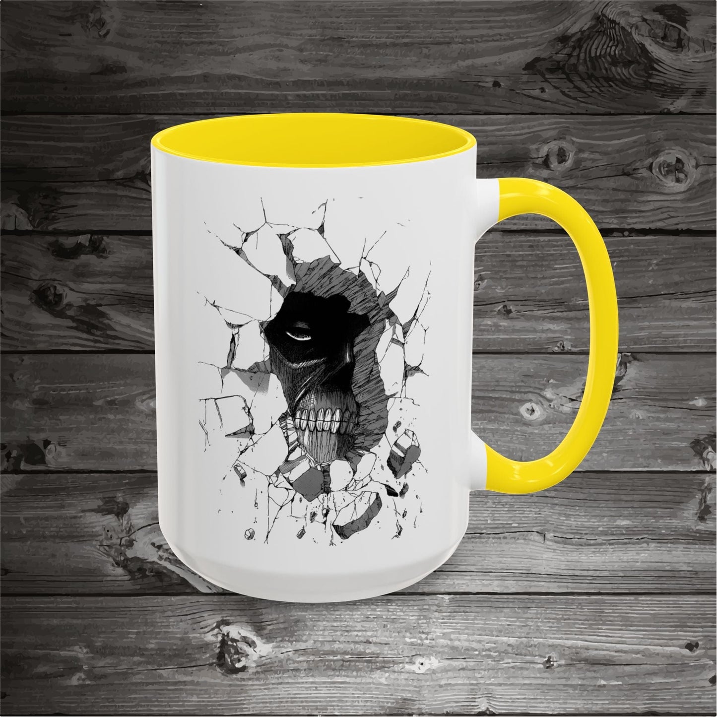 Titan In The Wall Coffee Mugs 11oz/15oz Ceramic with the design on both sides.